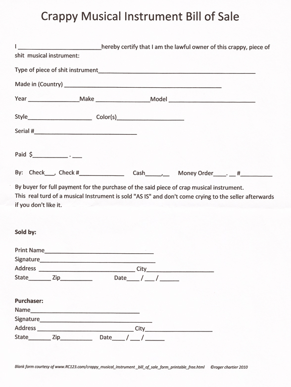 Crappy Musical Instrument Bill Of Sale Form - Pic - www.RC123.com